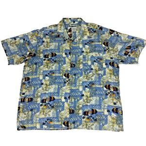 Untied Mens XL Hawaiian Shirt Blue Tropical Fish Viscose Rayon Short Sleeve XL